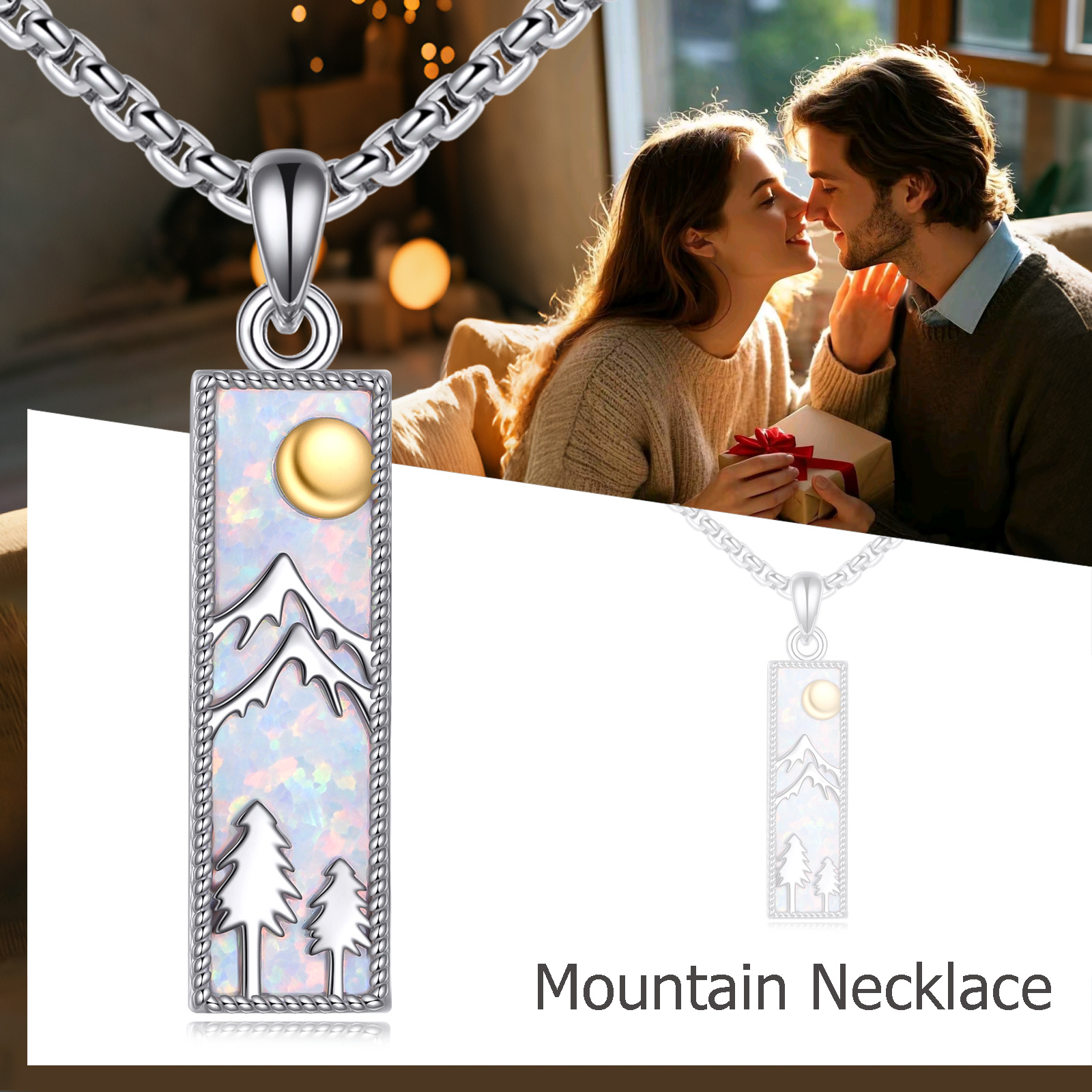 925 Sterling Silver Long Mountain Necklace with Synthetic Opal